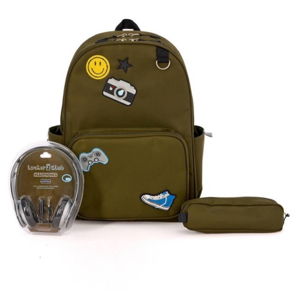 Locker Club Kids' 16L Nylon Backpack with Headphone Pencil Pouch - Olive Green